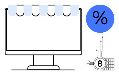 Bir bilgisayar monitörü, devre hatlarına bağlı bir yüzdelik işaret sembolü ve Bitcoin simgesine sahip. E-ticaret kripto döviz indirimi için idealdir. Fintech online alışveriş ve dijital indirimler