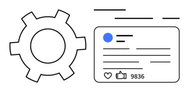 Dişliler, sosyal medya paylaşımları ve yorum sayıları. Sosyal medya, teknoloji, kullanıcı arayüzü, dijital pazarlama, online katılım için ideal. Modern, temiz, basit tasarım