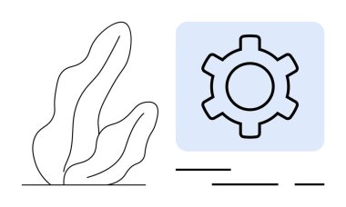 Açık mavi arkaplanı olan deniz yosunlarının yanında vites simgesi. Teknoloji için ideal, doğa entegrasyonu, çevre dostu gelişmeler, yenilik, biyomühendislik. Minimalist, basit, modern tarz.