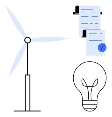 Rüzgar türbini, makbuz ve ampul. Yenilenebilir enerji, sürdürülebilirlik, çevre dostu uygulamalar, verimli faturalandırma, temiz teknoloji için idealdir. Basit ve modern stil