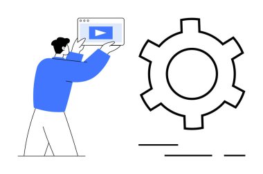 Video oynatıcıyı vites sembolünün yanında tutan adam. Temalar arasında çevrimiçi dersler, medya konfigürasyonu, teknoloji eğitimi, kullanıcı desteği ve dijital öğrenme yer alıyor. Modern düz stil