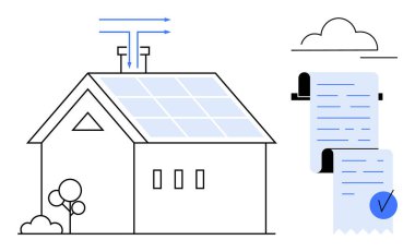Enerji akışını gösteren oklarla donatılmış bir ev ve faturaları temsil eden iki dökümanlı bir bulut. Yenilenebilir enerji, sürdürülebilirlik, çevre dostu yaşam ve enerji için ideal