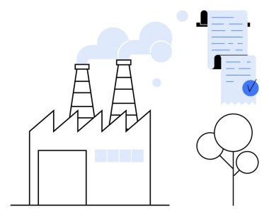 Onay listesinin yanında bir fabrika ve bir ağaç. Endüstriyel üretim temaları, çevreye uyum, fabrika işletmeleri, kirlilik kavramları için ideal