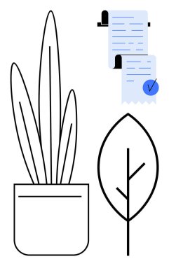 Bir minimalist çizimde bir saksı bitkisi ve büyük bir yaprak yer alır. Yakınlarda, biri mavi çekle işaretlenmiş iki belge makbuzu var. Doğa, organizasyon, minimalizm, ofis ayarları, ekolojik bilinç için ideal