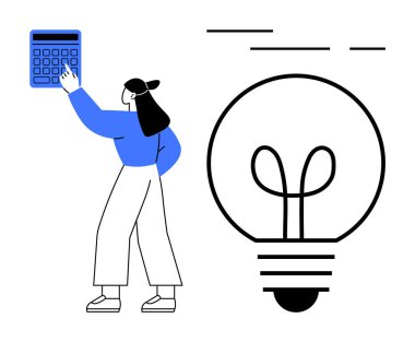 Kadın, büyük bir hesap makinesiyle, fikirleri temsil eden dev bir ampulün yanında etkileşime giriyor. Yaratıcılık, yenilik, problem çözme, finans ve verimlilik için ideal. Minimalist çizgi film tarzı