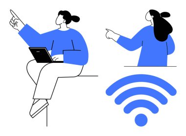 Minimalist tasarımı olan mavi elbiseli iki kişi iletişim için teknolojiyi kullanmaya odaklanıyor. Birinin kucağında her ikisini de gösteren bir laptop var. Teknoloji işi iletişim ağı için ideal