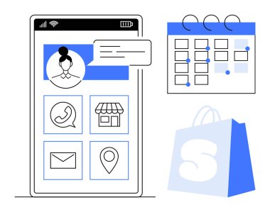 Ayrıntılı bir mobil uygulama arayüzü kullanıcı profili, iletişim seçenekleri, yer bulucu, e- posta ve yön bulma simgelerini gösterir. Mavi ve beyaz takvim ve alışveriş çantası. Çevrimiçi ticaret için ideal