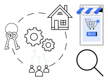 Gayrimenkul ve e-ticaretle ilgili elementleri gösteren kavramsal diyagram. Ev, anahtarlar, vites, insan figürleri, bir büyüteç ve mobil bir alışveriş uygulaması. İş ve teknoloji için ideal.