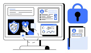 Sağlık simgeleri ve veri tabloları ile tıbbi kayıtları gösteren monitör dijital sağlık sistemlerini temsil ediyor. Kilit simgesi ve klasörü veri güvenliğini ve mahremiyetini simgeler. Elektronik sağlık kayıtları için ideal