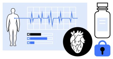 Kalp atışı grafiği, insan silueti, kalp, ilaç şişesi ve kilit sembolü gibi unsurlara sahip insan sağlığı izleme. Tıbbi araştırma, sağlık, kardiyoloji, sağlık teknisyeni ve hasta bakımı için ideal