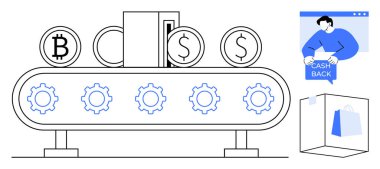 Bitcoin ve dolar paralarla taşıma bandı, işlem için dişliler. Tarayıcı penceresinde nakit para teklif eden biri. E-ticaret, finans teknolojisi, kripto para birimi, online alışveriş için ideal