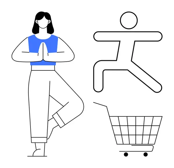 stock vector A person performing a yoga pose stands next to a minimalistic shopping cart and an active movement person symbol. Ideal for fitness, wellness, shopping, activity, modern lifestyle themes. Bold, clean