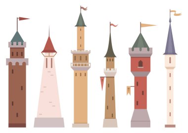 Six differently styled tall towers with various flags. Ideal for medieval themes fairytales architecture historical education and childrens stories. Clean and minimalist style suitable for clipart