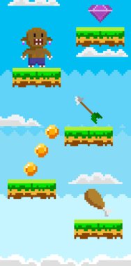 Pixel art with a character jumping on grass platforms, collecting coins, a gem, a piece of meat, and dodging an arrow. Ideal for retro-themed games, pixel art design, adventure, collectible items clipart