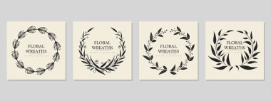 Four circular floral wreaths in black and white are detailed with leaves flowers and branches set against a light background. Ideal for wedding invitations greeting cards home decor scrapbooking and clipart