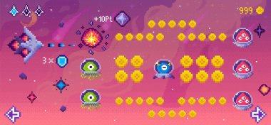 Piksel grafiklerle uzaylı yaratıklara ateş eden bir uzay gemisi. Uzaylı ve bozuk para cinleri canlı bir ayarı kozmik nesneler ve puan göstergeleriyle doldurur. Retro oyunlar için ideal, uzaylı istilası, uzay