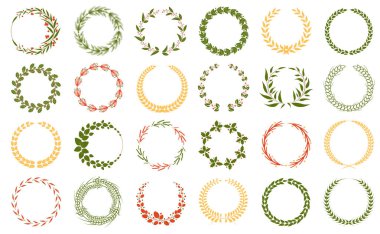 Yeşil, turuncu ve kırmızı tonlarda çeşitli dairesel çelenkler düzgünce dizilmiştir. Bunlar dekorasyon, doğa temaları, davetiyeler, kartlar ve kutlama tasarımları için idealdir. Basit.