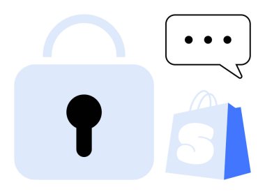 A padlock, a shopping bag with a letter S, and a speech bubble with ellipsis. Ideal for themes such as online security, e-commerce, digital communication, privacy, and customer support. Simple vector clipart