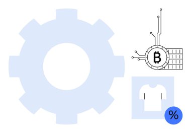 Bir vites sembolü, devreli Bitcoin ve indirim sembollü bir tişört. Teknoloji, kripto para, ticaret, alışveriş ve dijital pazarlama için ideal. Modern minimal tasarım