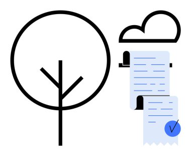 Siyah çizgili ağaç çevreye odaklanıyor. Bulut ve makbuzlar dijital, çevre dostu muhasebeyi temsil ediyor. Muhasebe, bulut hesaplama, çevre dostu iş, sürdürülebilirlik için ideal