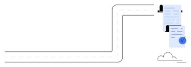 Bir yol bulut eşliğinde iki belgeye götürür. Bir belgede onay olduğunu gösteren bir işaret var. İdari süreçler, dijital belgeler, iş akışı otomasyonu, uyum için ideal