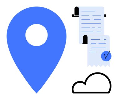 Büyük mavi lokasyon iğnesi, işaretli iki kağıt makbuz ve basit bir siyah bulut sembolü. İş yönetimi, konum hizmetleri, bulut hesaplama, dijital işlemler ve perakende satış için ideal