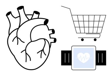 Bir insan kalbi, bir alışveriş arabası ve kalp ikonu olan bir akıllı seğirme gösteren basit bir siyah beyaz vektör. Sağlık, fitness, teknoloji, ecommerce ve tıbbi temalar için idealdir. Minimalist tasarım biçimi