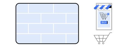 Dörtgen bir çerçevede açık mavi fayanslı arkaplan. Alışveriş arabası ikonu, tenteli mobil mağaza önü ve satın alma düğmesi. Çevrimiçi alışveriş, e-ticaret, dijital pazarlama, kullanıcı arayüzü için ideal