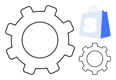 İki siyah vites ve içinde S harfi olan mavi bir alışveriş çantası teknoloji ve ticaretin kombinasyonunu gösteriyor. E-ticaret araçları, çevrimiçi alışveriş, dijital mağazalar, teknolojik çözümler ve perakende satış için ideal