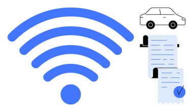 Bir araba ikonu ve dijital makbuz sembolünün yanında büyük mavi kablosuz sembol. Kablosuz bağlantı teknolojisi otomasyon cihazları ve akıllı sistemlerin kavramlarını göstermek için ideal. Vektör