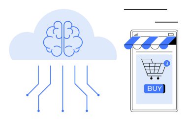 Akıllı telefonun yanında elektronik bağlantıları olan beyin bulutu satın alınmaya hazır üç eşyayla birlikte bir alışveriş arabası gösteriyor. E-ticaret için ideal, yapay zeka, bulut hesaplama, teknoloji