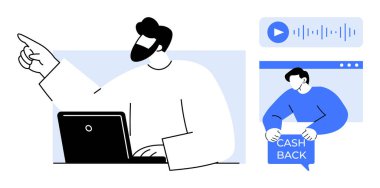 Elle işaret eden bir dizüstü bilgisayar üzerinde çalışan bir adam, elinde nakit işareti olan başka bir adam ve ses dalgalı bir çalma tuşu. İş, teknoloji, e-ticaret, finans hizmetleri, dijital pazarlama için ideal