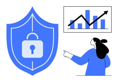 Güvenlik sembolü olan büyük mavi bir kalkan. Ok ve çubuklarla gösterilen yükselen eğilim tablosu. Mavili kadın haritayı işaret ediyor. Güvenlik, iş büyümesi, analizler ve veriler için ideal