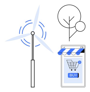 Rüzgar türbini, ağaç ve online alışveriş arabalı akıllı telefon. Yenilenebilir enerji, çevre dostu teknoloji, çevrimiçi alışveriş, sürdürülebilirlik, dijital ekonomi için ideal. Çağdaş düz tasarım