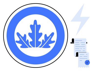 Mavi bir halka içinde merkezde meşe yaprakları olan dairesel amblem, bir yıldırım sembolü ve işaretli kaydırma benzeri bir belge. Enerji, sürdürülebilirlik, sertifika, güvenilirlik, doğa için ideal