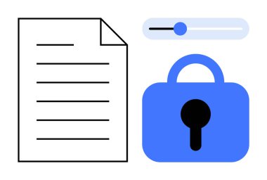 Çizgileri olan bir belge, anahtar deliği olan mavi bir kilit, ve ayarlar kaydırıcı. Siber güvenlik, gizlilik koruması, dosya paylaşımı, veri koruması, dijital güvenlik için ideal. İnce çizgi sanat tarzı
