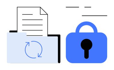 Güncellemeyi veya senkronizasyonu sembolize eden dairesel oklar ve güvenliği gösteren büyük mavi asma kilit içeren bir klasörün içindeki belge. Veri koruması, dosya yönetimi, dijital depolama, siber güvenlik için ideal