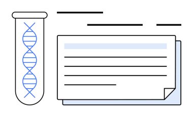 Metin satırları olan bir dizi belgenin yanında test tüpündeki bir DNA ipliği. Bilimsel araştırmalar, genetik çalışmalar, laboratuvar kılavuzları, tıbbi belgeler ve biyoteknoloji için ideal
