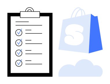 Panoda bir alışveriş çantası ve bulutlu bir kontrol listesi. Organizasyon, alışveriş, çevrimiçi perakende satış, bulut depolama, proje yönetimi için ideal. Modern basit biçim