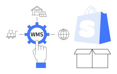 Warehouse, shipping cart, globe, finger pressing WMS gear, shopping bag, closed box Ideal for warehouse management, e-commerce, logistics, shipping, inventory control. Simple flat design clipart