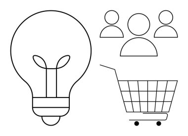 Alışveriş konsepti. Bir ampul, alışveriş arabası ve kullanıcı simgeleri e-ticaret fikirlerini vurguluyor. Çevrimiçi iş, müşteri ilişkileri, yaratıcı düşünme, perakende satış stratejisi, pazarlama yeniliği için ideal