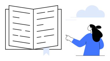 Görünür satırları ve kurdele yer imi olan geniş bir kitap. Kitapta koyu renk saçlı bir kadın var. Bulut ve basit bir arkaplan. Eğitim, okuma, bilgi, öğrenme, minimalizm için ideal