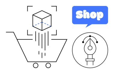 3D küplü alışveriş arabası, kalem aleti sembolü ve minimalist tarzda bir konuşma balonu. E-ticaret, teknoloji, tasarım, dijital pazarlama, grafik tasarımı ve çevrimiçi alışveriş temaları için ideal
