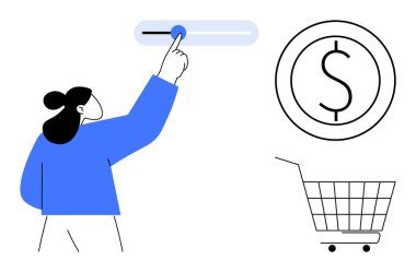 Bir dolar işareti ve alışveriş arabasının yanına sürgüyü ayarlayan kişi. E-ticaret, çevrimiçi alışveriş, mali yönetim, bütçeleme, dijital işlemler için ideal. Basit minimalist stil