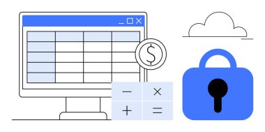 Hesap tablosu, dolar sembolü, hesap makinesi, bulut ve asma kilit içeren bilgisayar ekranı. Çevrimiçi güvenlik, bulut hesaplama, finans, bütçe ve veri yönetimi için ideal. Basit vektör biçimi, mavi
