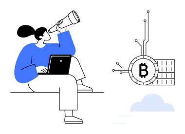 Dizüstü bilgisayarı olan biri teleskopla bakar. Bir Bitcoin sembolü yakınlarda dijital düğümlerle birbirine bağlıdır. Finans, teknoloji, kripto para birimi, engelleme zinciri ve yatırım temaları için ideal. Basit.