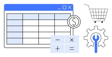 Alışveriş konsepti. Hesap tablosu, ayarlar, hesap makinesi ve alışveriş arabası dahil. E-ticaret, bütçe yönetimi, finansal planlama, online alışveriş, yazılım araçları için ideal. Temiz modern