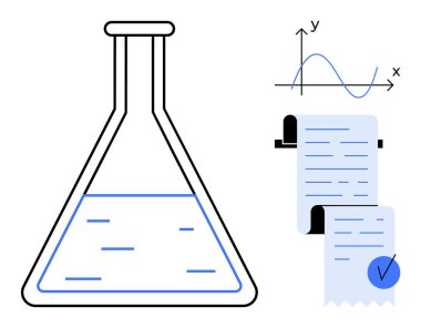 Bir grafik ve işaretli belgelerle temsil edilen bilimsel verilerle birlikte sıvı içeren laboratuvar cam şişesi. Eğitim bilimi araştırma laboratuarı deneyleri için ideal veri analizi