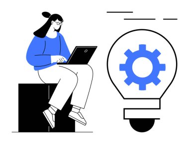 Blokta dizüstü bilgisayar kullanan bir kadın. Yanında teçhizat olan büyük bir ampul. Teknoloji, yenilik, üretkenlik, iş çözümleri, yaratıcılık ve iş için ideal. Basit, modern tarz.