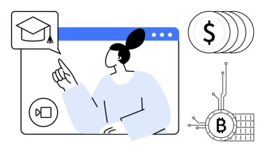 Bir kişi internet arayüzünde çevrimiçi eğitimi vurgulayan bir mezuniyet başlığı simgesine işaret ediyor. Dolar ve Bitcoin 'in bitişik sembolleri finansal öğrenmeyi öneriyor. E- öğrenim ve finansman eğitimi için ideal